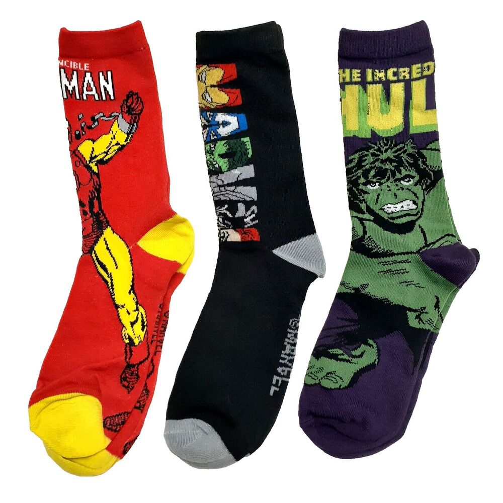 Marvel Iron Man Hulk 3-pair Cartoon Novelty Mens Size 6-12 Crew Socks NWOT